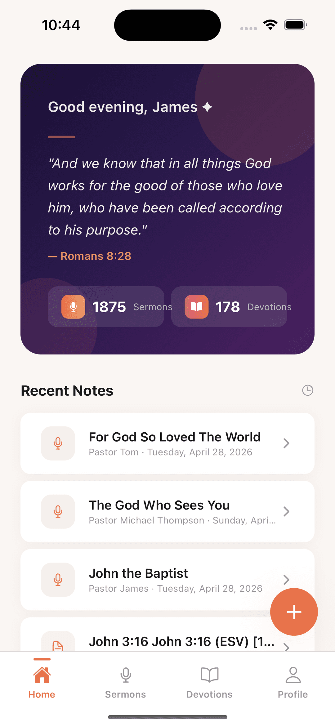 Church Notes home screen on iPhone showing recent sermon notes