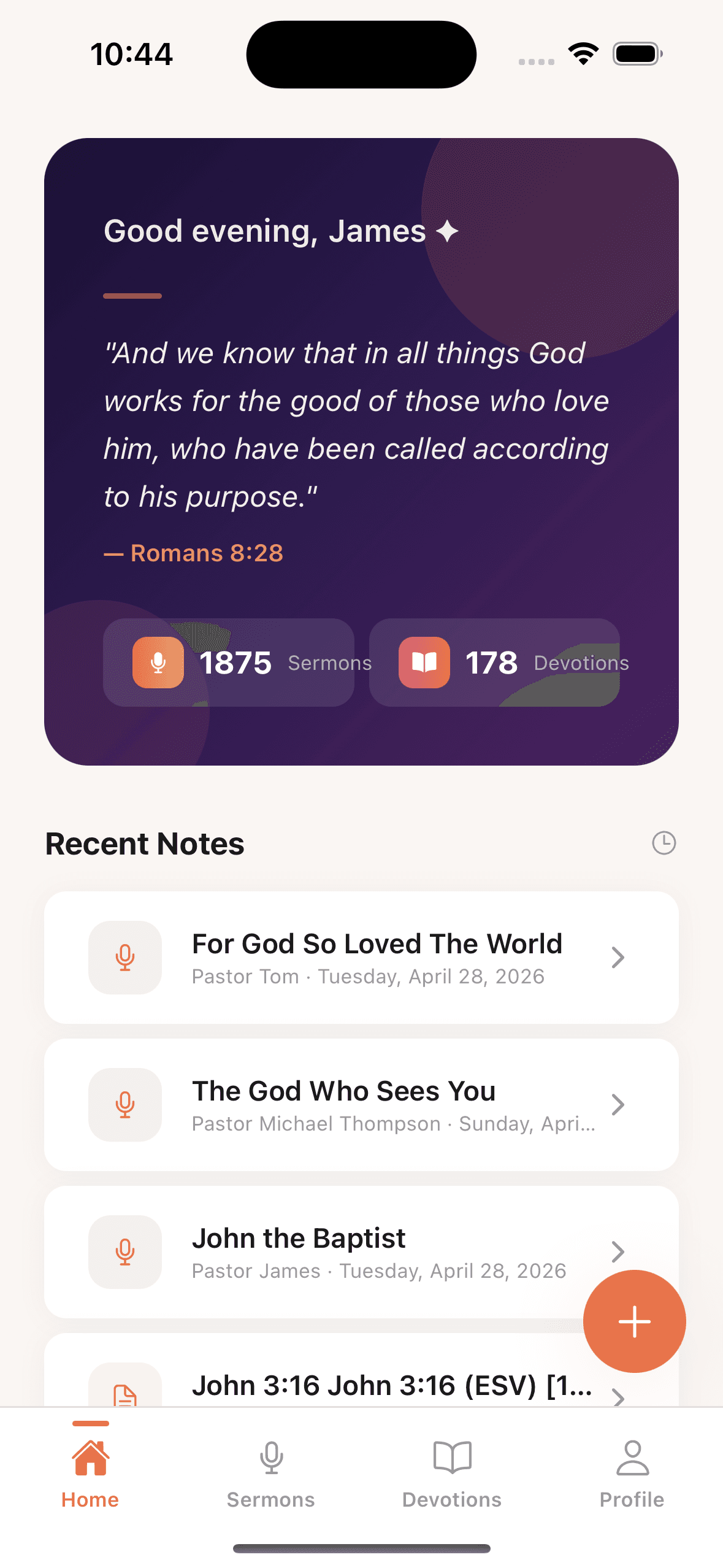 Church Notes Home screen on iPhone