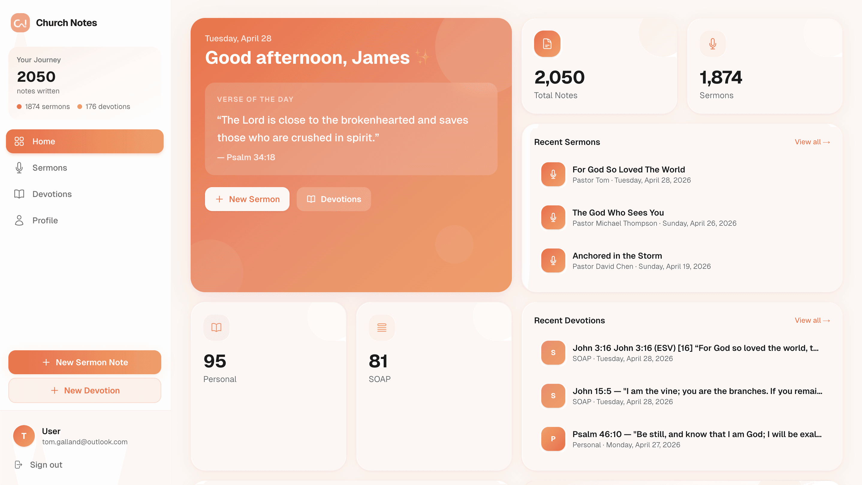 Church Notes app dashboard showing sermons and devotions