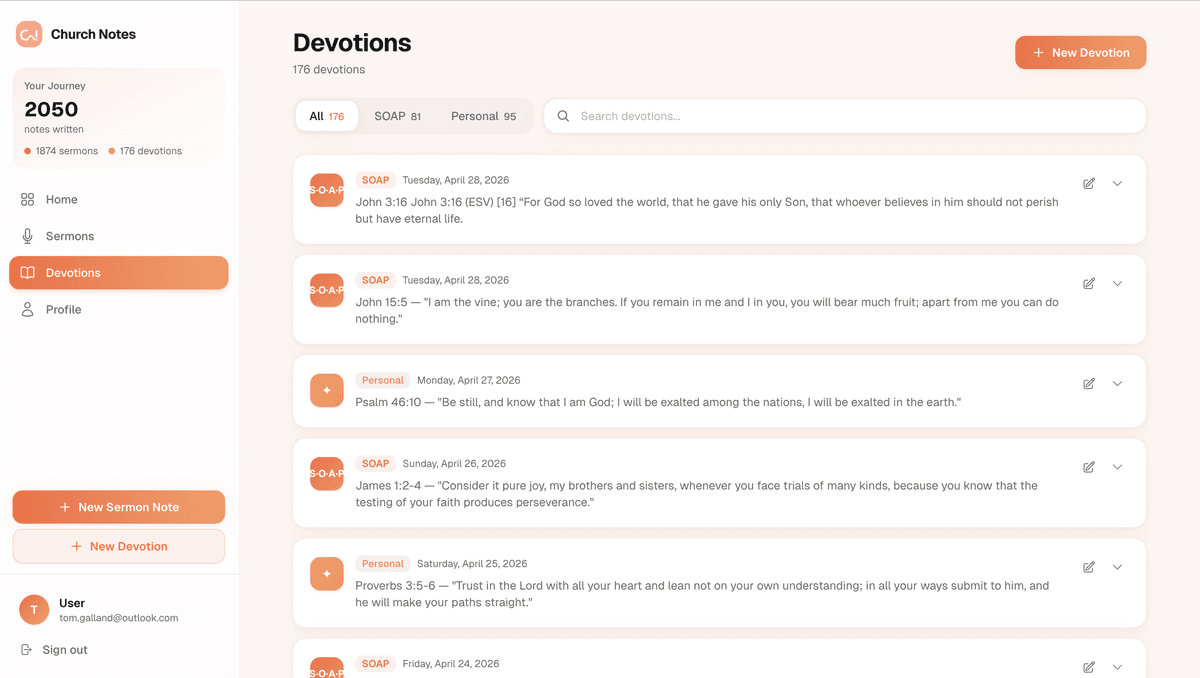 Church Notes devotions screen for daily Bible study
