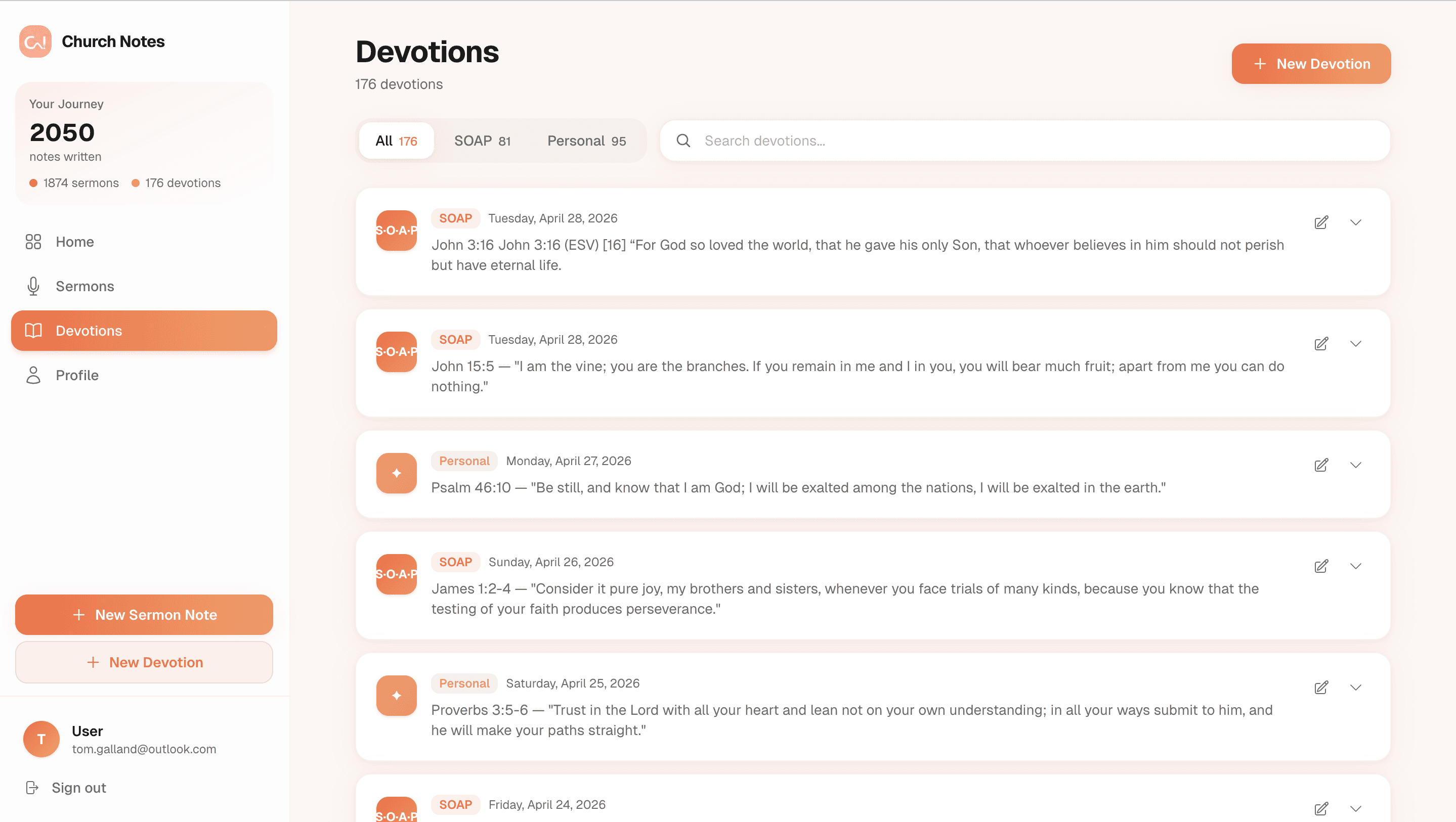 Church Notes devotions screen showing daily devotional entries with SOAP and personal types