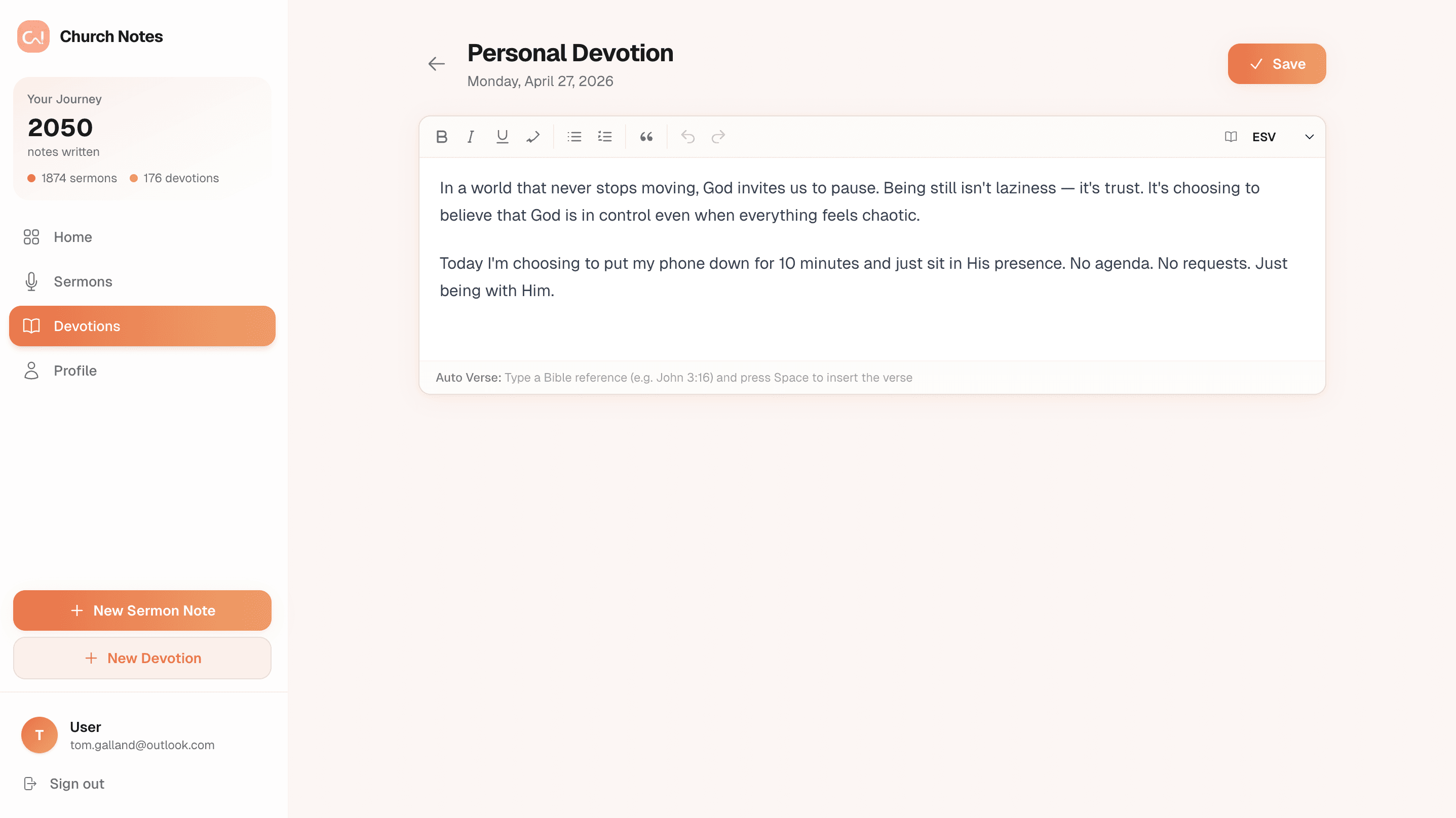 Church Notes personal devotion journal with notes, reflections, and Auto Verse