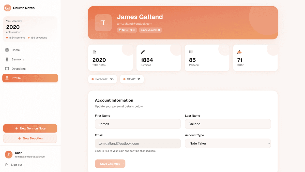 Church Notes profile screen after signing up