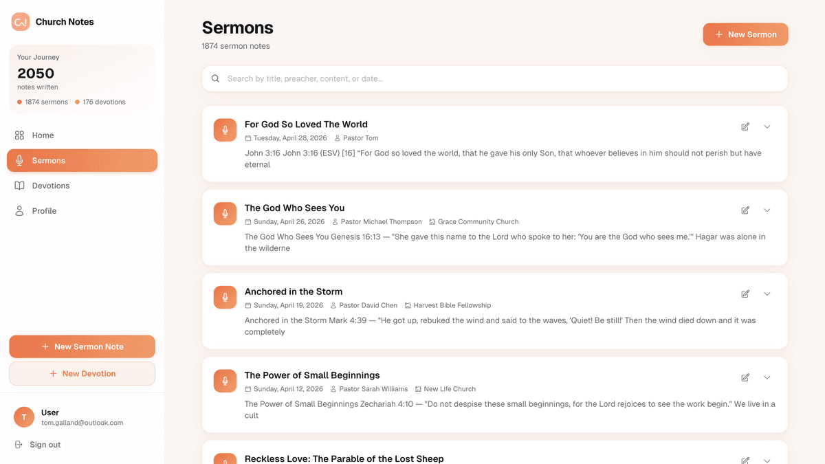 Church Notes sermon editor with auto verse insert
