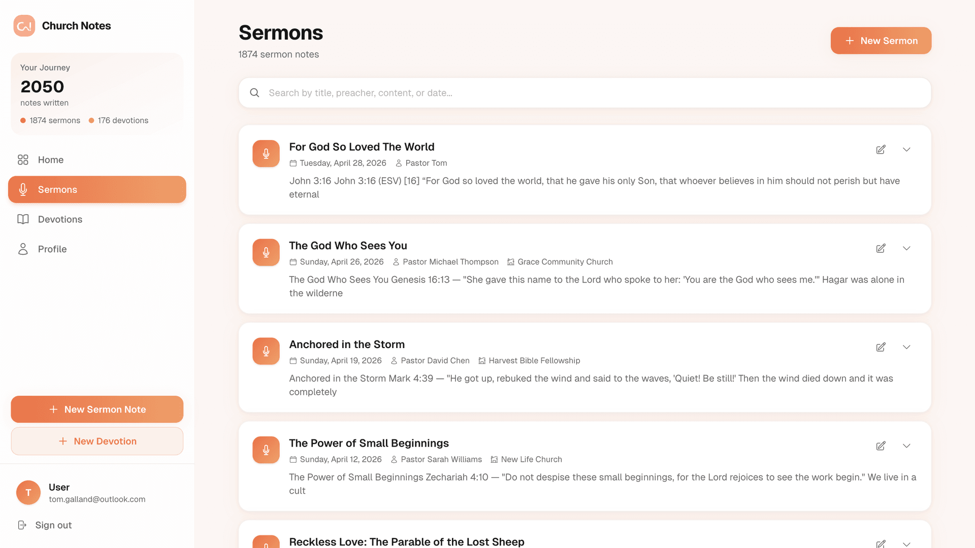 Church Notes app showing sermon notes and Bible study tools